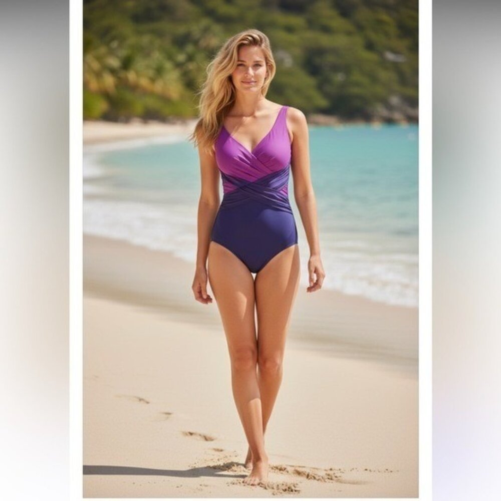 Lands' End Slender wrap tummy control Purple Swimsuit pink - Picture 2 of 6